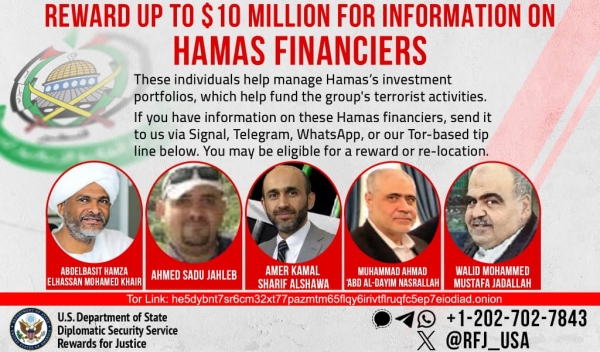 إطار: الولايات المتحدة تخصص 10 ملايين دولار لمن يدلي بمعلومات عنهم.. من هم ممولي “حماس”؟