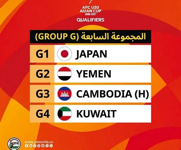 رياضة: منتخب شباب اليمن في المجموعة السابعة للتصفيات الآسيوية رفقة اليابان والكويت وكمبوديا